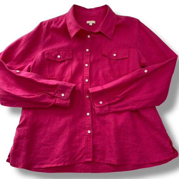 Talbots Top Womens Large Pink 100% Linen Button Up Roll Tab Long Sleeve Classic - Picture 7 of 13